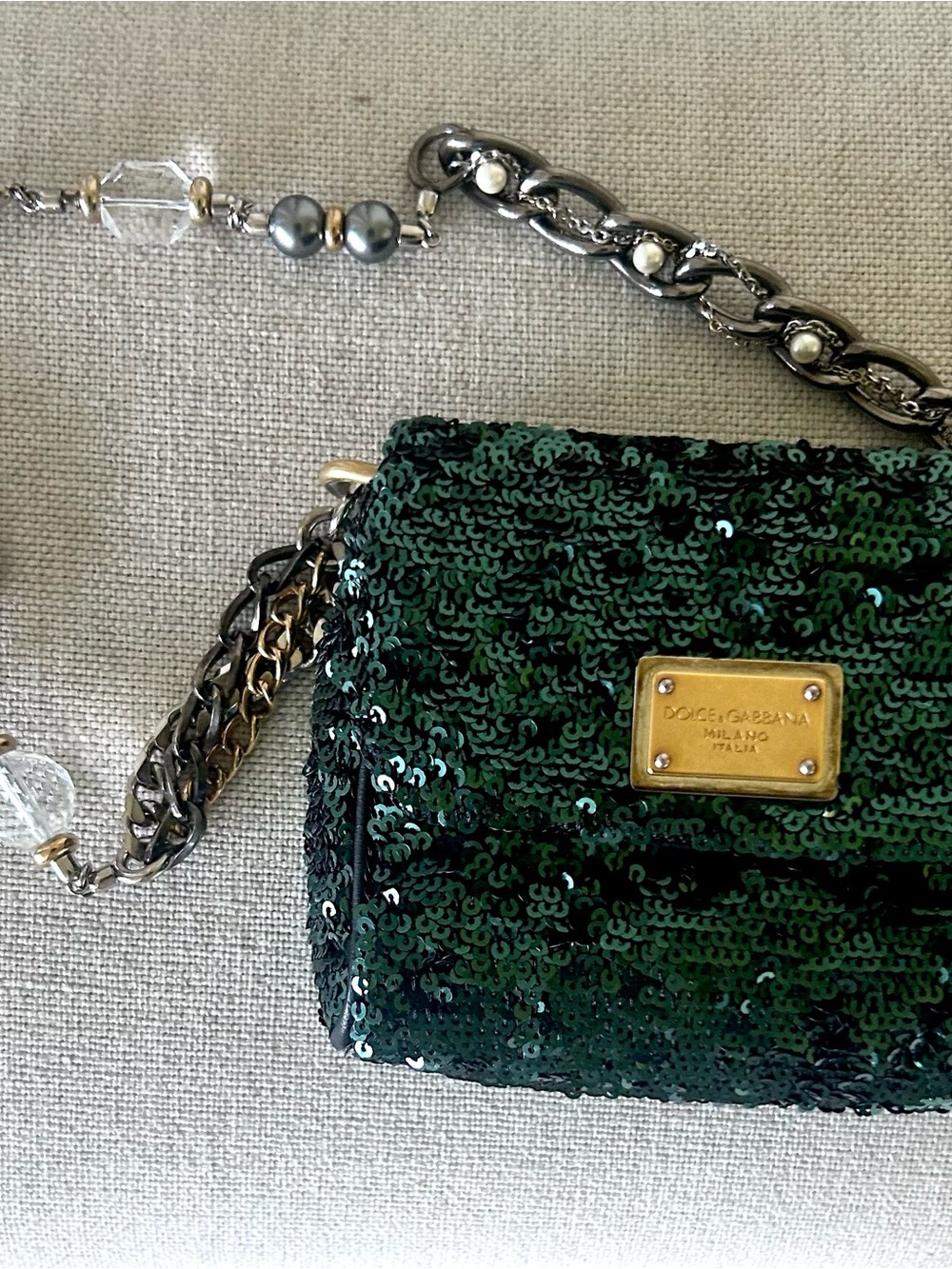 Dolce & Gabbana Dark Green Sequin Crossbody Bag with Mixed Chain Strap
